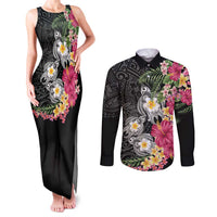 Hawaiian Tropical Flowers and Tribal Turtles Couples Matching Tank Maxi Dress and Long Sleeve Button Shirt Polynesian Art Motifs Black Color LT03 Black - Polynesian Pride