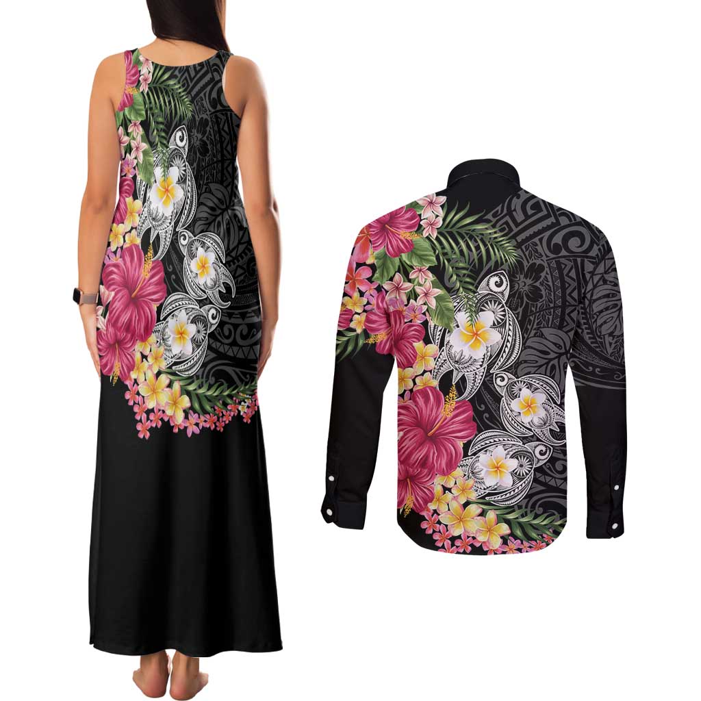 Hawaiian Tropical Flowers and Tribal Turtles Couples Matching Tank Maxi Dress and Long Sleeve Button Shirt Polynesian Art Motifs Black Color LT03 - Polynesian Pride