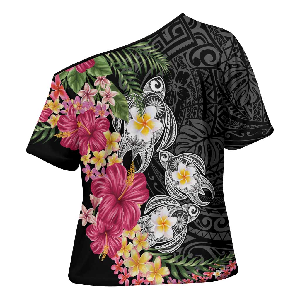 Hawaiian Tropical Flowers and Tribal Turtles Cross Shoulder Shirt Polynesian Art Motifs Black Color LT03 - Polynesian Pride