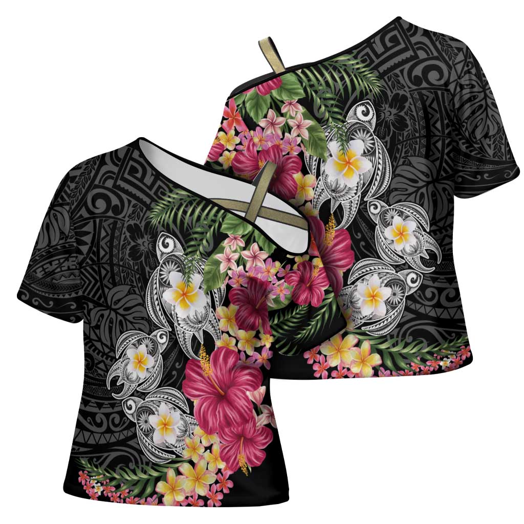 Hawaiian Tropical Flowers and Tribal Turtles Cross Shoulder Shirt Polynesian Art Motifs Black Color LT03 - Polynesian Pride