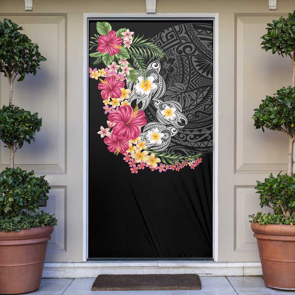 Hawaiian Tropical Flowers and Tribal Turtles Door Cover Polynesian Art Motifs Black Color LT03 Black - Polynesian Pride