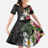 Hawaiian Tropical Flowers and Tribal Turtles Family Matching Long Sleeve Bodycon Dress and Hawaiian Shirt Polynesian Art Motifs Black Color LT03 Daughter's Dress Black - Polynesian Pride
