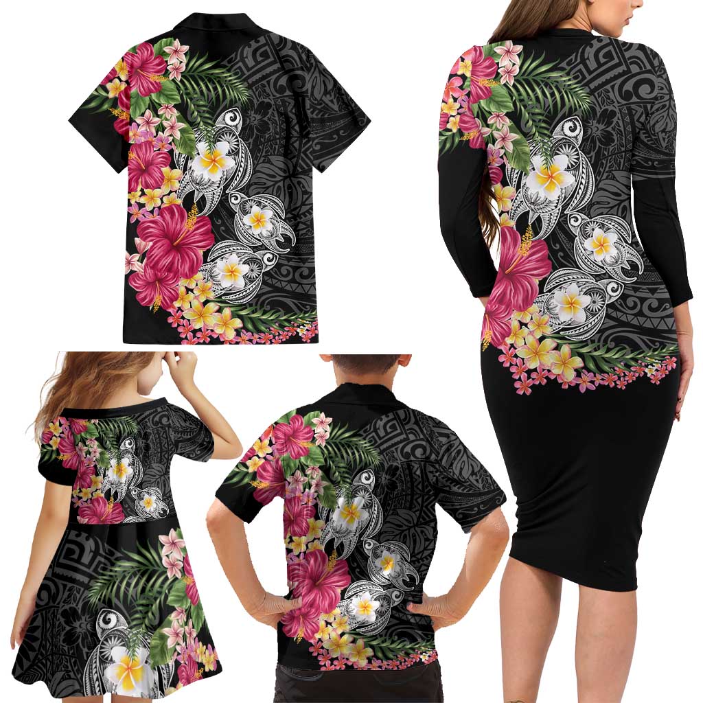 Hawaiian Tropical Flowers and Tribal Turtles Family Matching Long Sleeve Bodycon Dress and Hawaiian Shirt Polynesian Art Motifs Black Color LT03 - Polynesian Pride