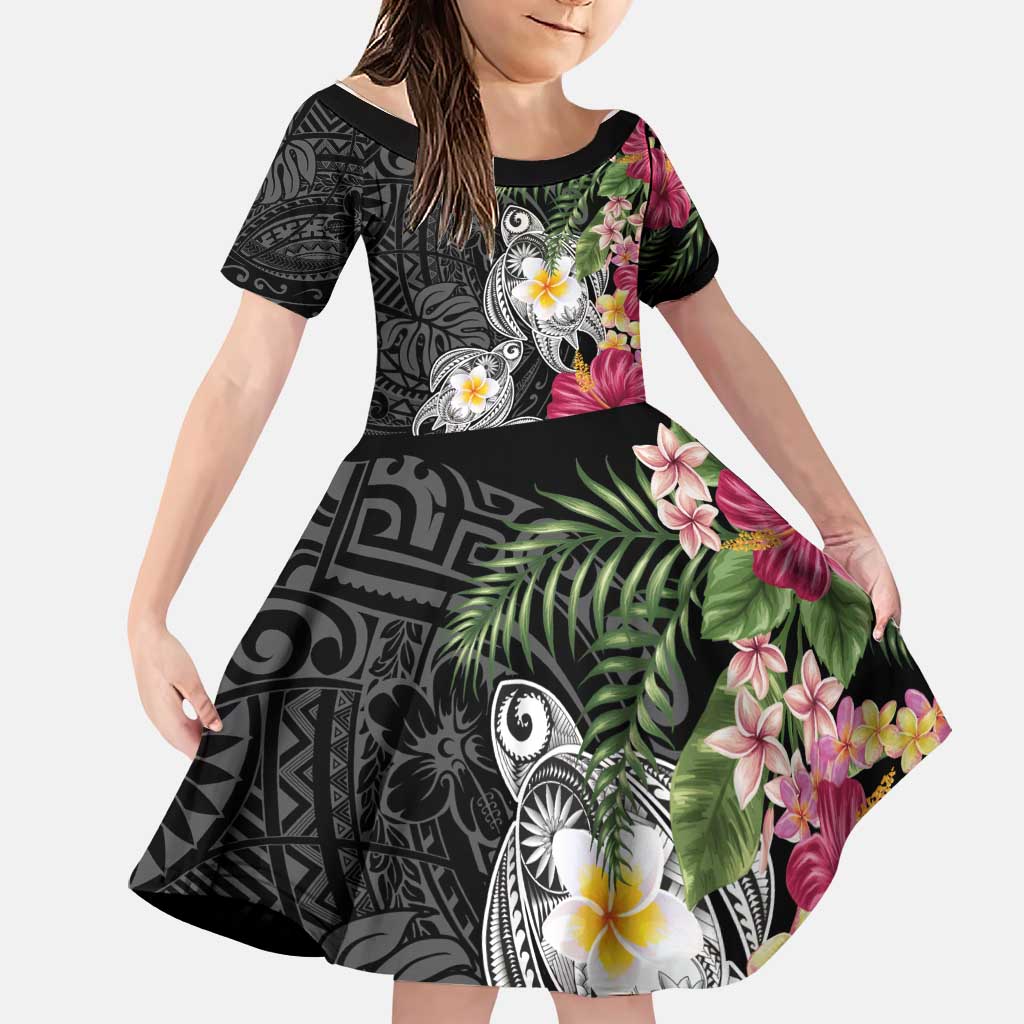 Hawaiian Tropical Flowers and Tribal Turtles Family Matching Mermaid Dress and Hawaiian Shirt Polynesian Art Motifs Black Color LT03 Daughter's Dress Black - Polynesian Pride