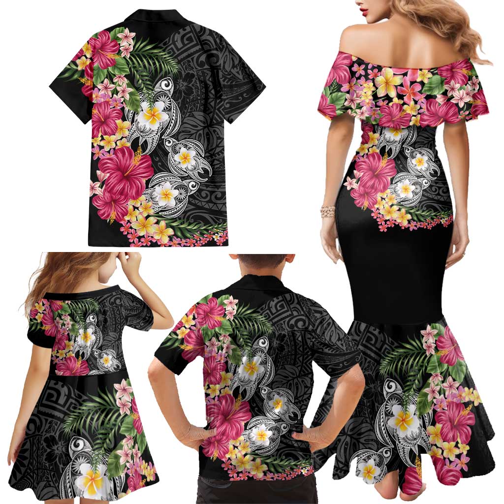 Hawaiian Tropical Flowers and Tribal Turtles Family Matching Mermaid Dress and Hawaiian Shirt Polynesian Art Motifs Black Color LT03 - Polynesian Pride