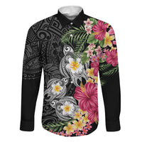 Hawaiian Tropical Flowers and Tribal Turtles Family Matching Mermaid Dress and Hawaiian Shirt Polynesian Art Motifs Black Color LT03 Dad's Shirt - Long Sleeve Black - Polynesian Pride