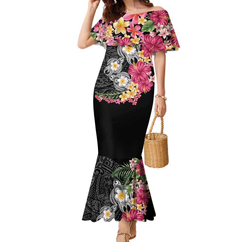 Hawaiian Tropical Flowers and Tribal Turtles Family Matching Mermaid Dress and Hawaiian Shirt Polynesian Art Motifs Black Color LT03 Mom's Dress Black - Polynesian Pride