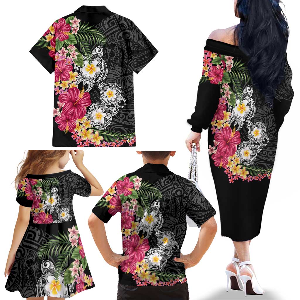 Hawaiian Tropical Flowers and Tribal Turtles Family Matching Off The Shoulder Long Sleeve Dress and Hawaiian Shirt Polynesian Art Motifs Black Color LT03 - Polynesian Pride
