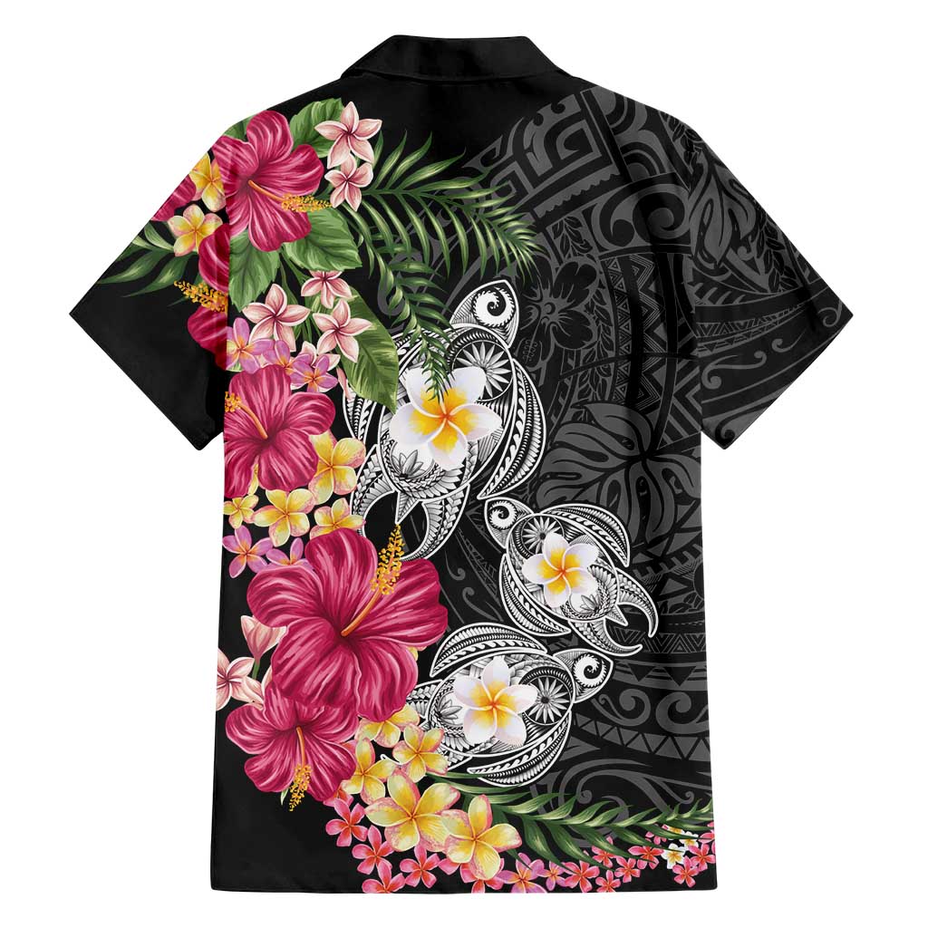 Hawaiian Tropical Flowers and Tribal Turtles Family Matching Off The Shoulder Long Sleeve Dress and Hawaiian Shirt Polynesian Art Motifs Black Color LT03 - Polynesian Pride