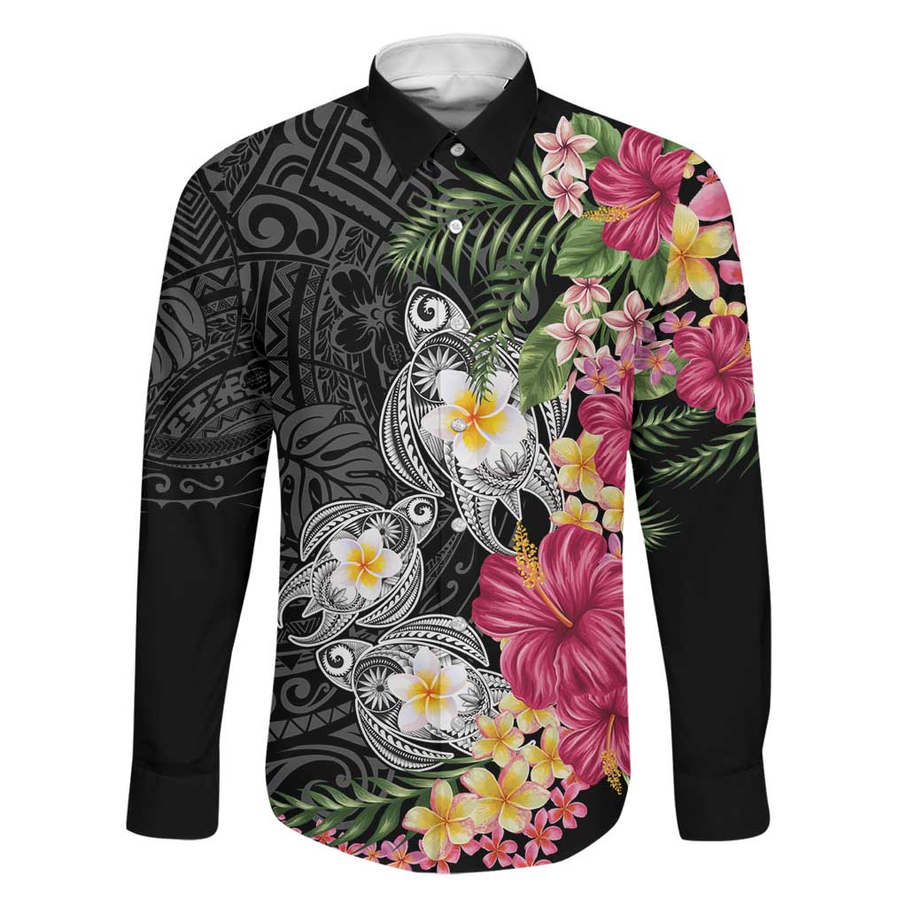 Hawaiian Tropical Flowers and Tribal Turtles Family Matching Off The Shoulder Long Sleeve Dress and Hawaiian Shirt Polynesian Art Motifs Black Color LT03 Dad's Shirt - Long Sleeve Black - Polynesian Pride