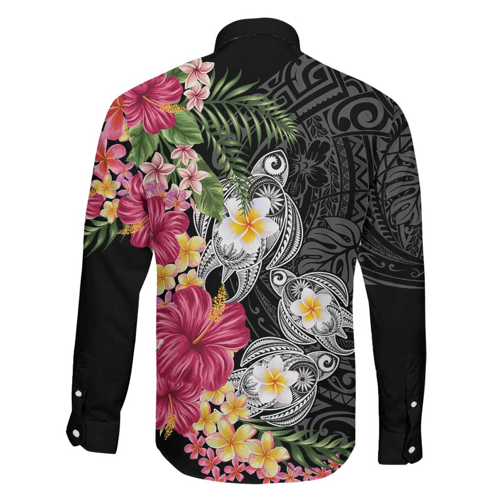 Hawaiian Tropical Flowers and Tribal Turtles Family Matching Off The Shoulder Long Sleeve Dress and Hawaiian Shirt Polynesian Art Motifs Black Color LT03 - Polynesian Pride