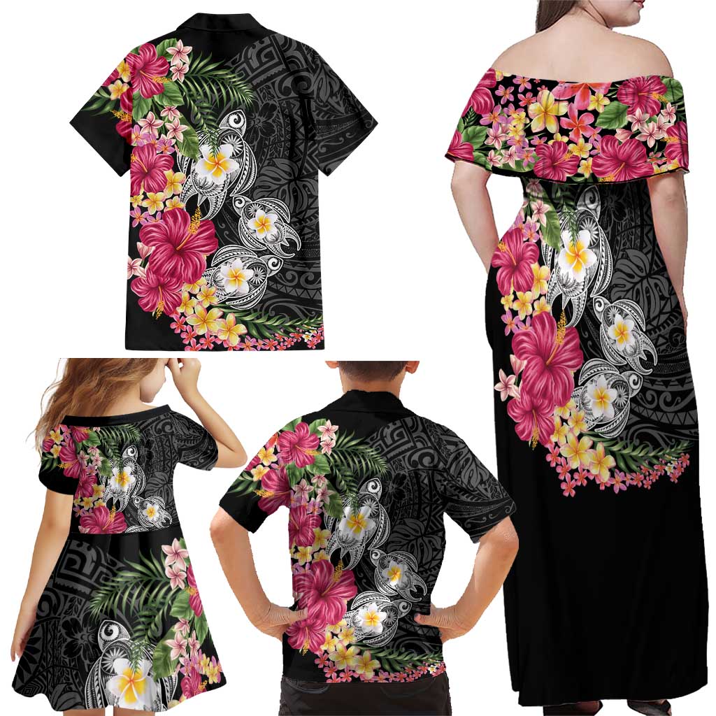 Hawaiian Tropical Flowers and Tribal Turtles Family Matching Off Shoulder Maxi Dress and Hawaiian Shirt Polynesian Art Motifs Black Color LT03 - Polynesian Pride