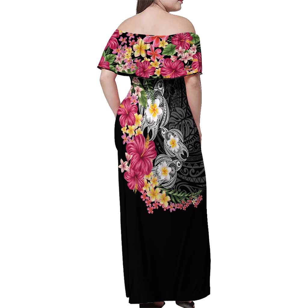 Hawaiian Tropical Flowers and Tribal Turtles Family Matching Off Shoulder Maxi Dress and Hawaiian Shirt Polynesian Art Motifs Black Color LT03 - Polynesian Pride