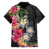 Hawaiian Tropical Flowers and Tribal Turtles Family Matching Off Shoulder Short Dress and Hawaiian Shirt Polynesian Art Motifs Black Color LT03 - Polynesian Pride