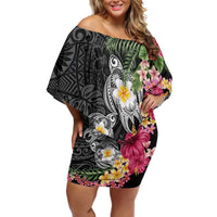 Hawaiian Tropical Flowers and Tribal Turtles Family Matching Off Shoulder Short Dress and Hawaiian Shirt Polynesian Art Motifs Black Color LT03 Mom's Dress Black - Polynesian Pride