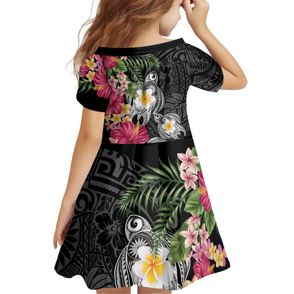 Hawaiian Tropical Flowers and Tribal Turtles Family Matching Puletasi and Hawaiian Shirt Polynesian Art Motifs Black Color LT03 - Polynesian Pride