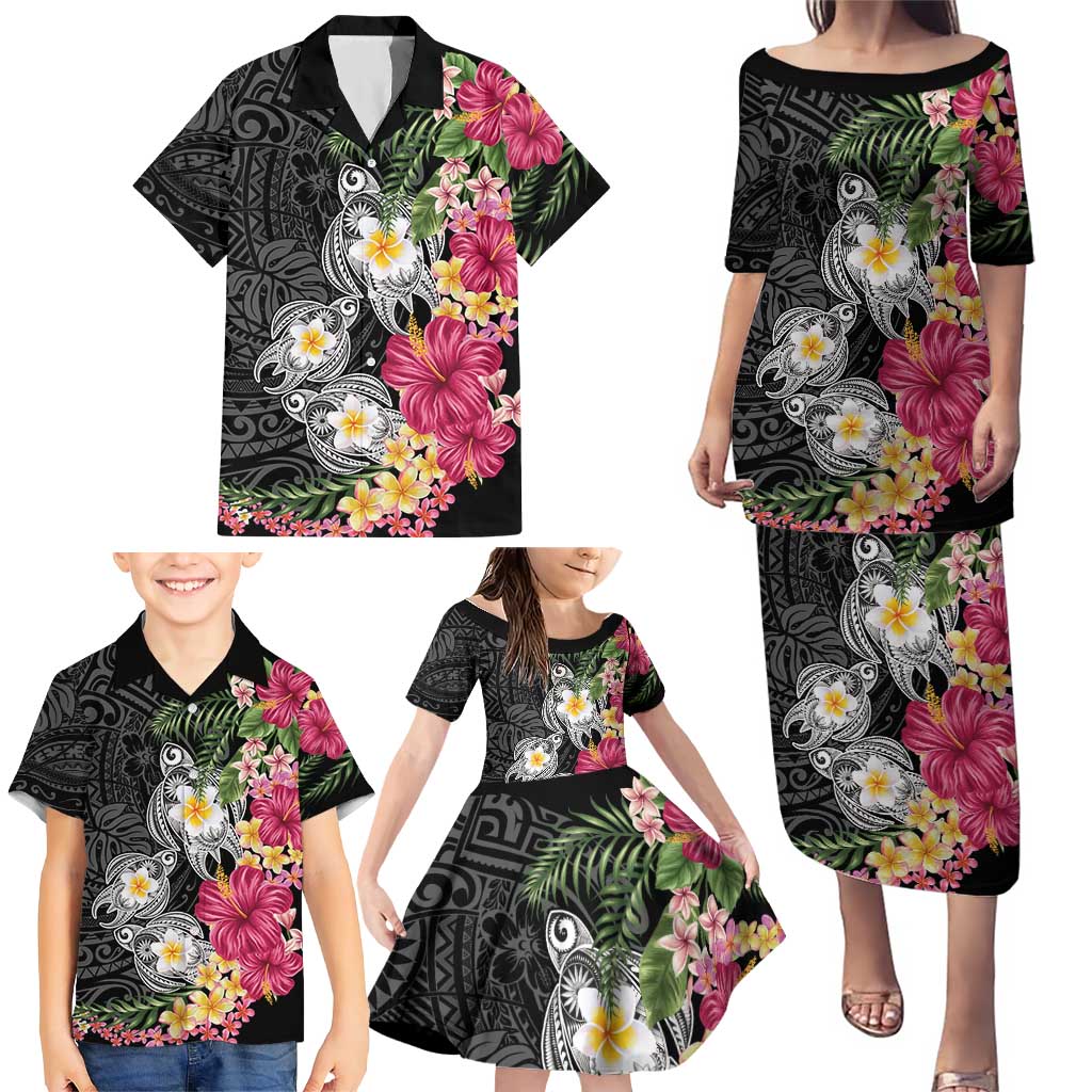 Hawaiian Tropical Flowers and Tribal Turtles Family Matching Puletasi and Hawaiian Shirt Polynesian Art Motifs Black Color LT03 - Polynesian Pride