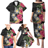 Hawaiian Tropical Flowers and Tribal Turtles Family Matching Puletasi and Hawaiian Shirt Polynesian Art Motifs Black Color LT03 - Polynesian Pride