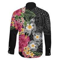 Hawaiian Tropical Flowers and Tribal Turtles Family Matching Puletasi and Hawaiian Shirt Polynesian Art Motifs Black Color LT03 - Polynesian Pride