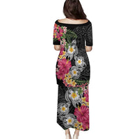 Hawaiian Tropical Flowers and Tribal Turtles Family Matching Puletasi and Hawaiian Shirt Polynesian Art Motifs Black Color LT03 - Polynesian Pride