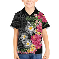 Hawaiian Tropical Flowers and Tribal Turtles Family Matching Puletasi and Hawaiian Shirt Polynesian Art Motifs Black Color LT03 Son's Shirt Black - Polynesian Pride