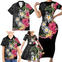 Hawaiian Tropical Flowers and Tribal Turtles Family Matching Short Sleeve Bodycon Dress and Hawaiian Shirt Polynesian Art Motifs Black Color LT03 - Polynesian Pride