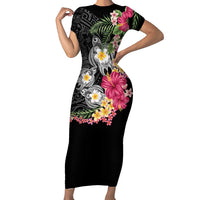 Hawaiian Tropical Flowers and Tribal Turtles Family Matching Short Sleeve Bodycon Dress and Hawaiian Shirt Polynesian Art Motifs Black Color LT03 Mom's Dress Black - Polynesian Pride