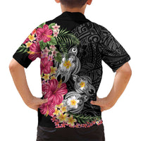 Hawaiian Tropical Flowers and Tribal Turtles Family Matching Summer Maxi Dress and Hawaiian Shirt Polynesian Art Motifs Black Color LT03 - Polynesian Pride
