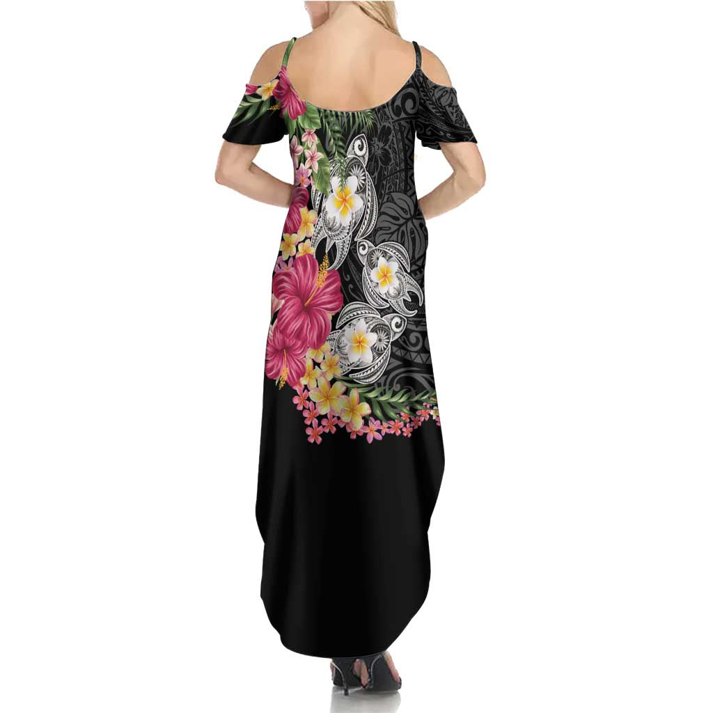 Hawaiian Tropical Flowers and Tribal Turtles Family Matching Summer Maxi Dress and Hawaiian Shirt Polynesian Art Motifs Black Color LT03 - Polynesian Pride