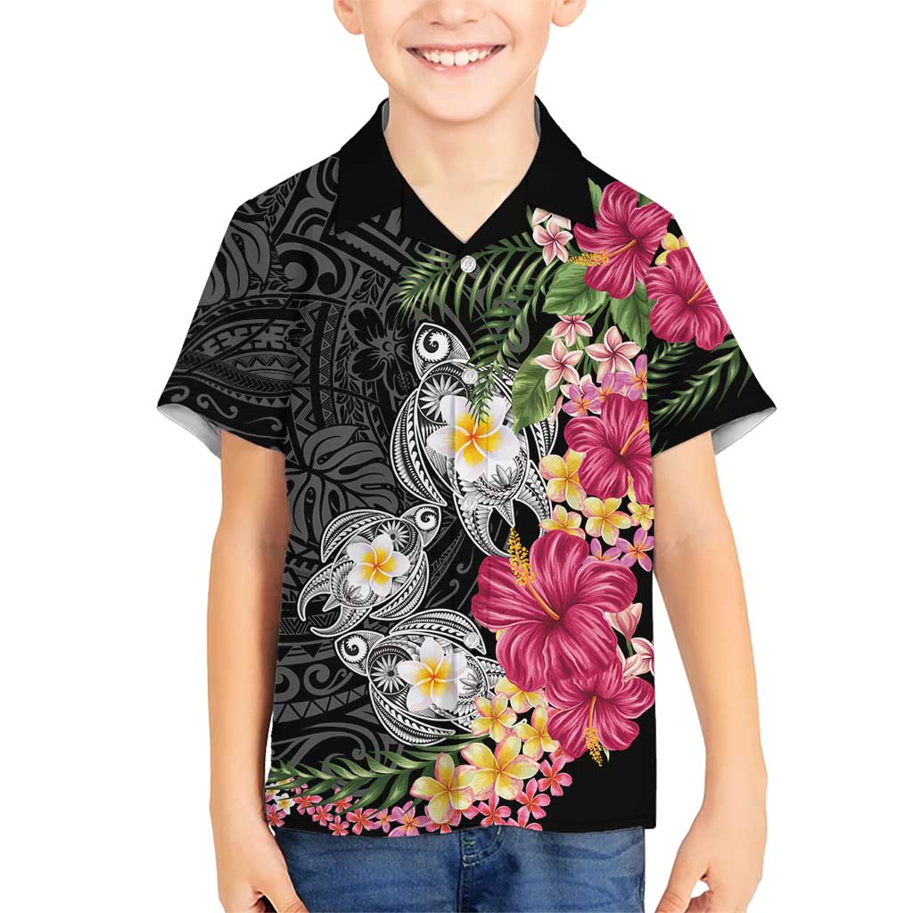 Hawaiian Tropical Flowers and Tribal Turtles Family Matching Summer Maxi Dress and Hawaiian Shirt Polynesian Art Motifs Black Color LT03 Son's Shirt Black - Polynesian Pride