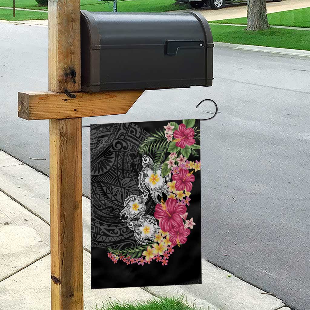 Hawaiian Tropical Flowers and Tribal Turtles Garden Flag Polynesian Art Motifs Black Color LT03 - Polynesian Pride