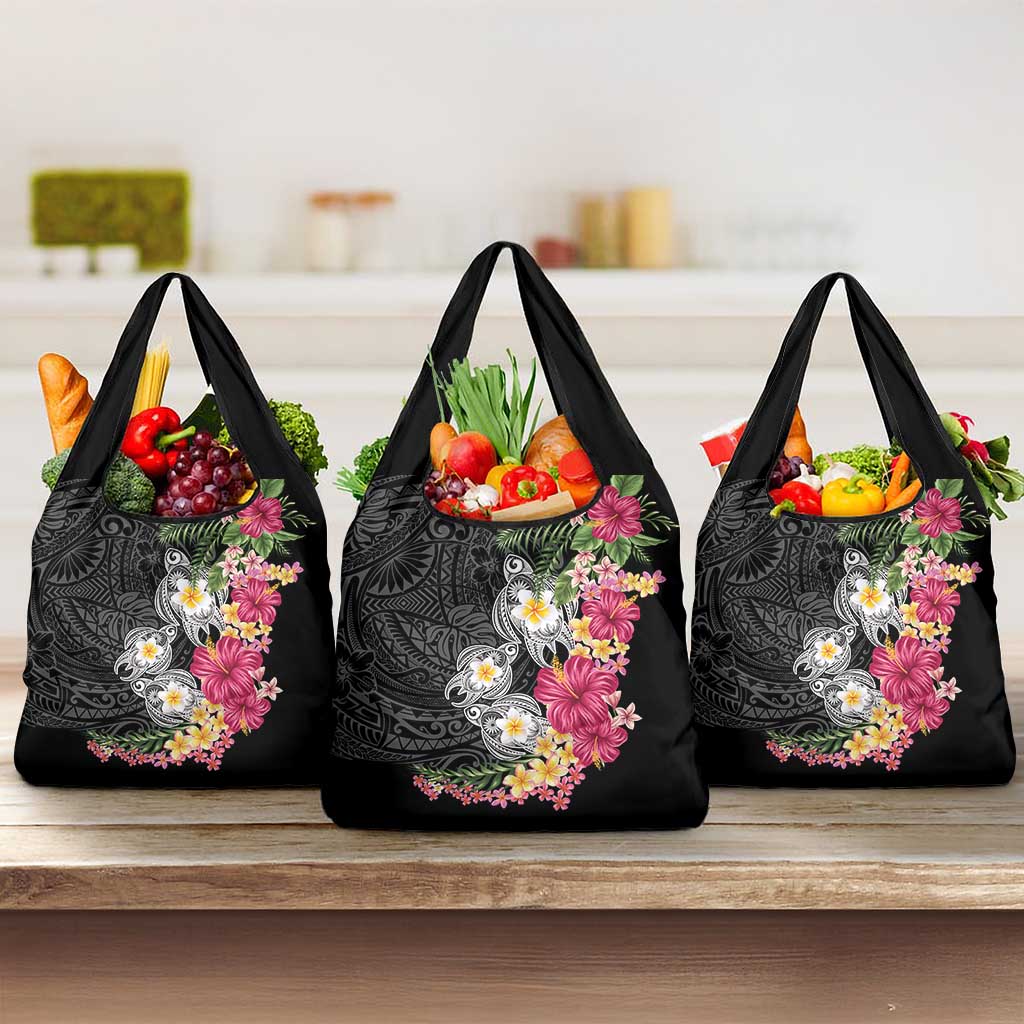 Hawaiian Tropical Flowers and Tribal Turtles Grocery Bag Polynesian Art Motifs Black Color LT03 3-pack One Size Black - Polynesian Pride