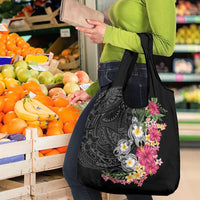 Hawaiian Tropical Flowers and Tribal Turtles Grocery Bag Polynesian Art Motifs Black Color LT03 - Polynesian Pride