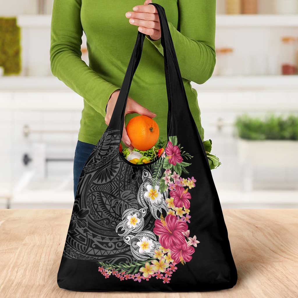 Hawaiian Tropical Flowers and Tribal Turtles Grocery Bag Polynesian Art Motifs Black Color LT03 - Polynesian Pride