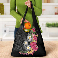 Hawaiian Tropical Flowers and Tribal Turtles Grocery Bag Polynesian Art Motifs Black Color LT03 - Polynesian Pride