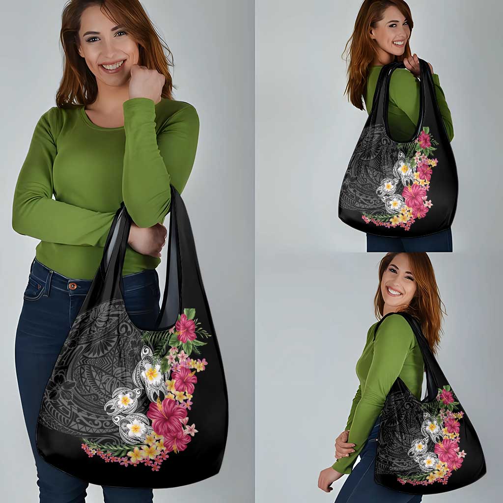 Hawaiian Tropical Flowers and Tribal Turtles Grocery Bag Polynesian Art Motifs Black Color LT03 - Polynesian Pride