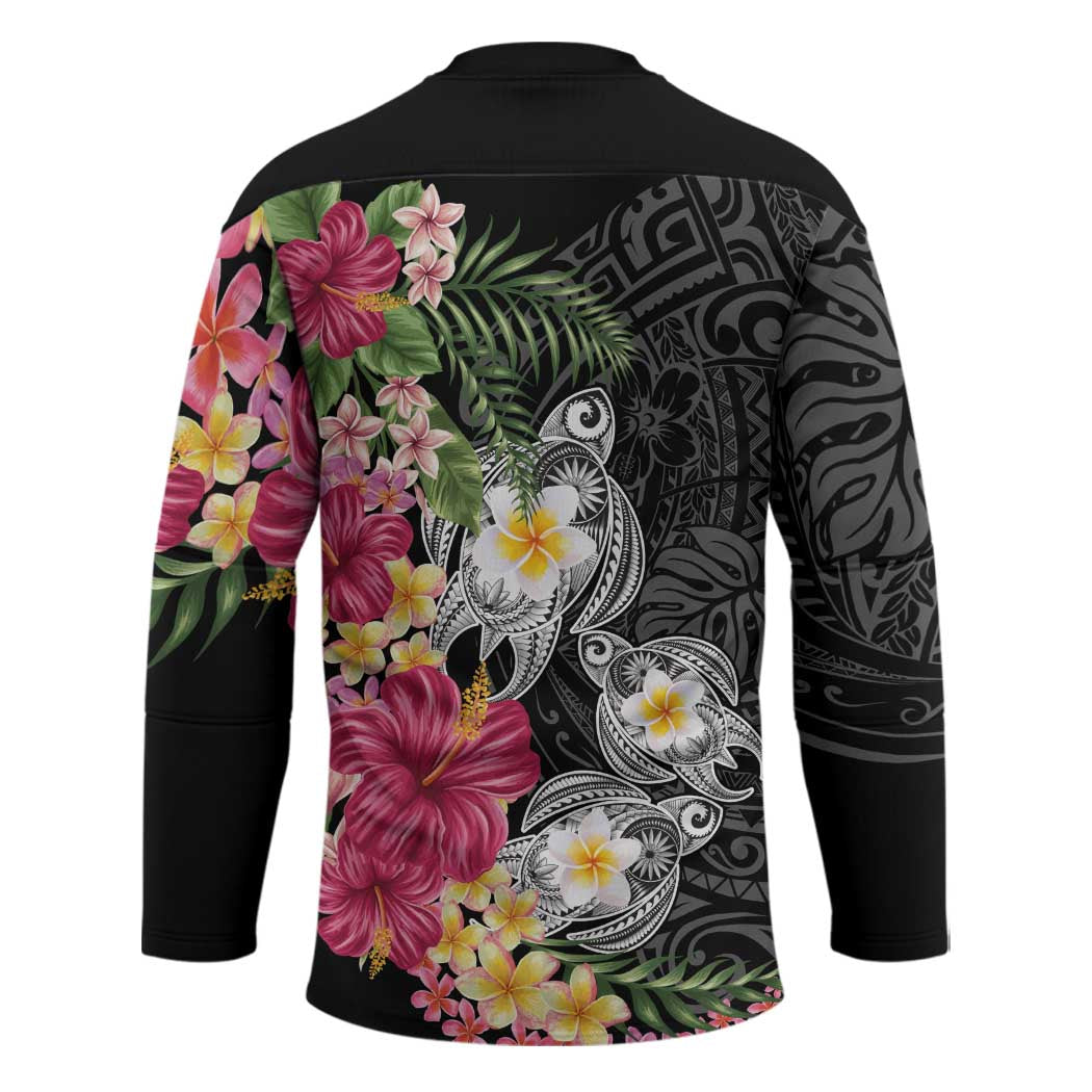 Hawaiian Tropical Flowers and Tribal Turtles Hockey Jersey Polynesian Art Motifs Black Color LT03 - Polynesian Pride