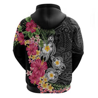 Hawaiian Tropical Flowers and Tribal Turtles Hoodie Polynesian Art Motifs Black Color LT03 - Polynesian Pride