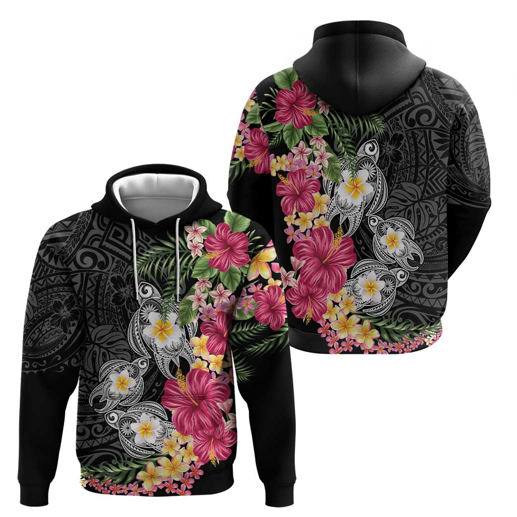 Hawaiian Tropical Flowers and Tribal Turtles Hoodie Polynesian Art Motifs Black Color LT03 - Polynesian Pride