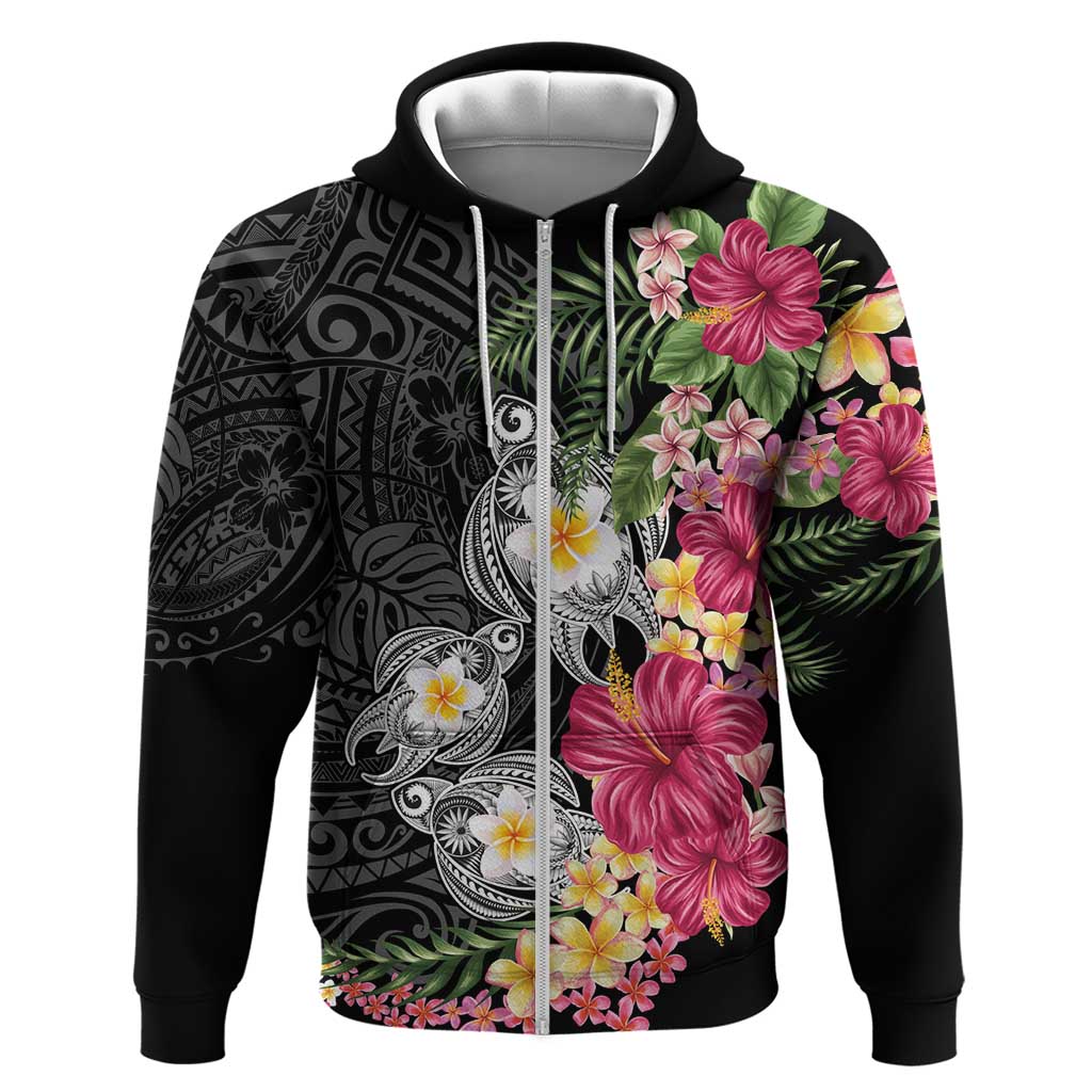 Hawaiian Tropical Flowers and Tribal Turtles Hoodie Polynesian Art Motifs Black Color LT03 Zip Hoodie Black - Polynesian Pride