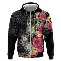 Hawaiian Tropical Flowers and Tribal Turtles Hoodie Polynesian Art Motifs Black Color LT03 Zip Hoodie Black - Polynesian Pride