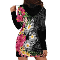 Hawaiian Tropical Flowers and Tribal Turtles Hoodie Dress Polynesian Art Motifs Black Color LT03 - Polynesian Pride