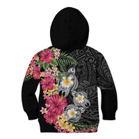 Hawaiian Tropical Flowers and Tribal Turtles Kid Hoodie Polynesian Art Motifs Black Color LT03 - Polynesian Pride