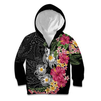 Hawaiian Tropical Flowers and Tribal Turtles Kid Hoodie Polynesian Art Motifs Black Color LT03 Zip Hoodie Black - Polynesian Pride