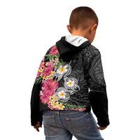 Hawaiian Tropical Flowers and Tribal Turtles Kid Hoodie Polynesian Art Motifs Black Color LT03 - Polynesian Pride