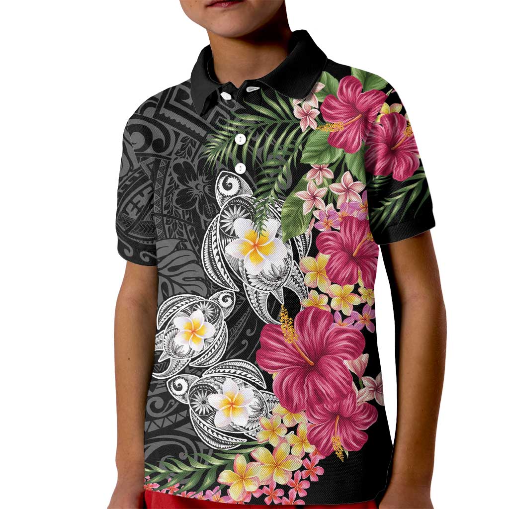 Hawaiian Tropical Flowers and Tribal Turtles Kid Polo Shirt Polynesian Art Motifs Black Color LT03 Kid Black - Polynesian Pride