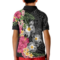 Hawaiian Tropical Flowers and Tribal Turtles Kid Polo Shirt Polynesian Art Motifs Black Color LT03 - Polynesian Pride