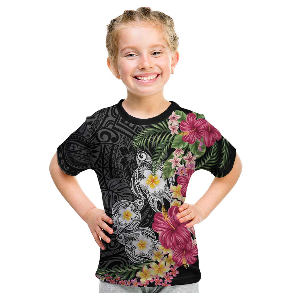 Hawaiian Tropical Flowers and Tribal Turtles Kid T Shirt Polynesian Art Motifs Black Color LT03 Black - Polynesian Pride