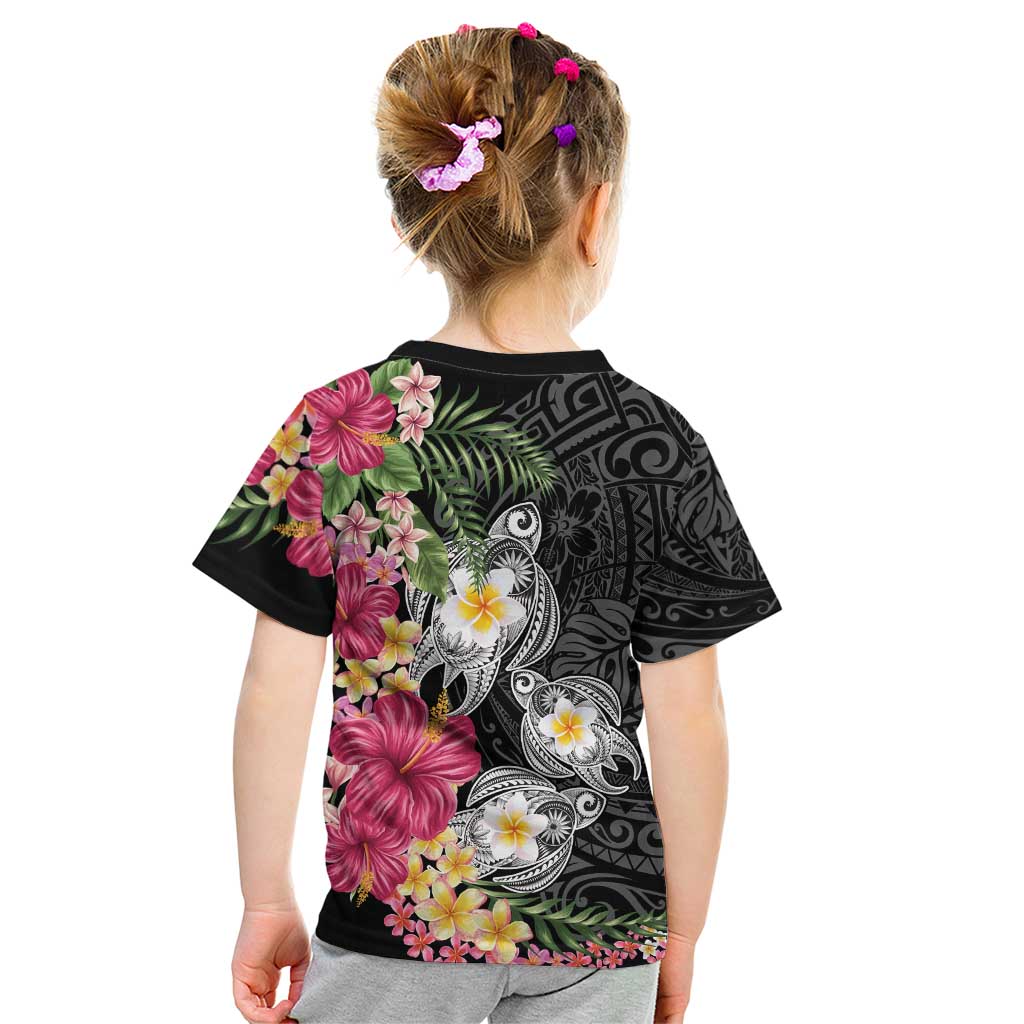 Hawaiian Tropical Flowers and Tribal Turtles Kid T Shirt Polynesian Art Motifs Black Color LT03 - Polynesian Pride