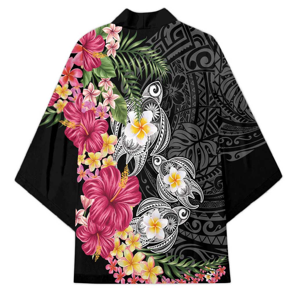 Hawaiian Tropical Flowers and Tribal Turtles Kimono Polynesian Art Motifs Black Color LT03 - Polynesian Pride